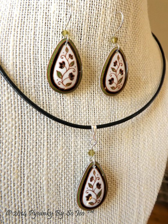 Green and White Spring Vines Teardrop Earrings and Matching Necklace Pysanky Jewelry by So Jeo